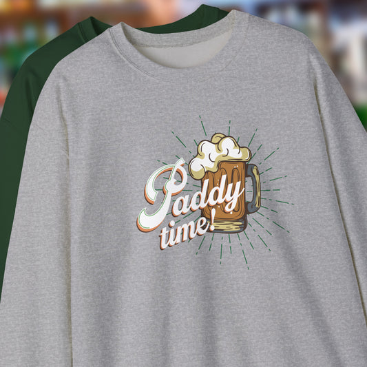 Funny Paddy Time Irish Beer Sweatshirt with Retro Mug Graphic for St. Patrick’s Day Celebrations | hero shot