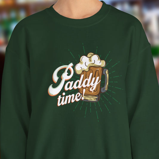 Funny Paddy Time Irish Beer Sweatshirt with Retro Mug Graphic for St. Patrick’s Day Celebrations | closeup