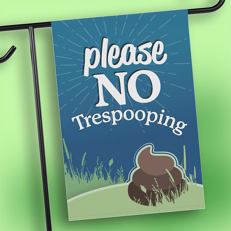 Funny dog and cat poop zone yard flag – No Trespooping sign | closeup