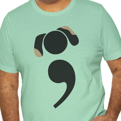 Bookish dog tee for grammar nerds and dog parents | closeup