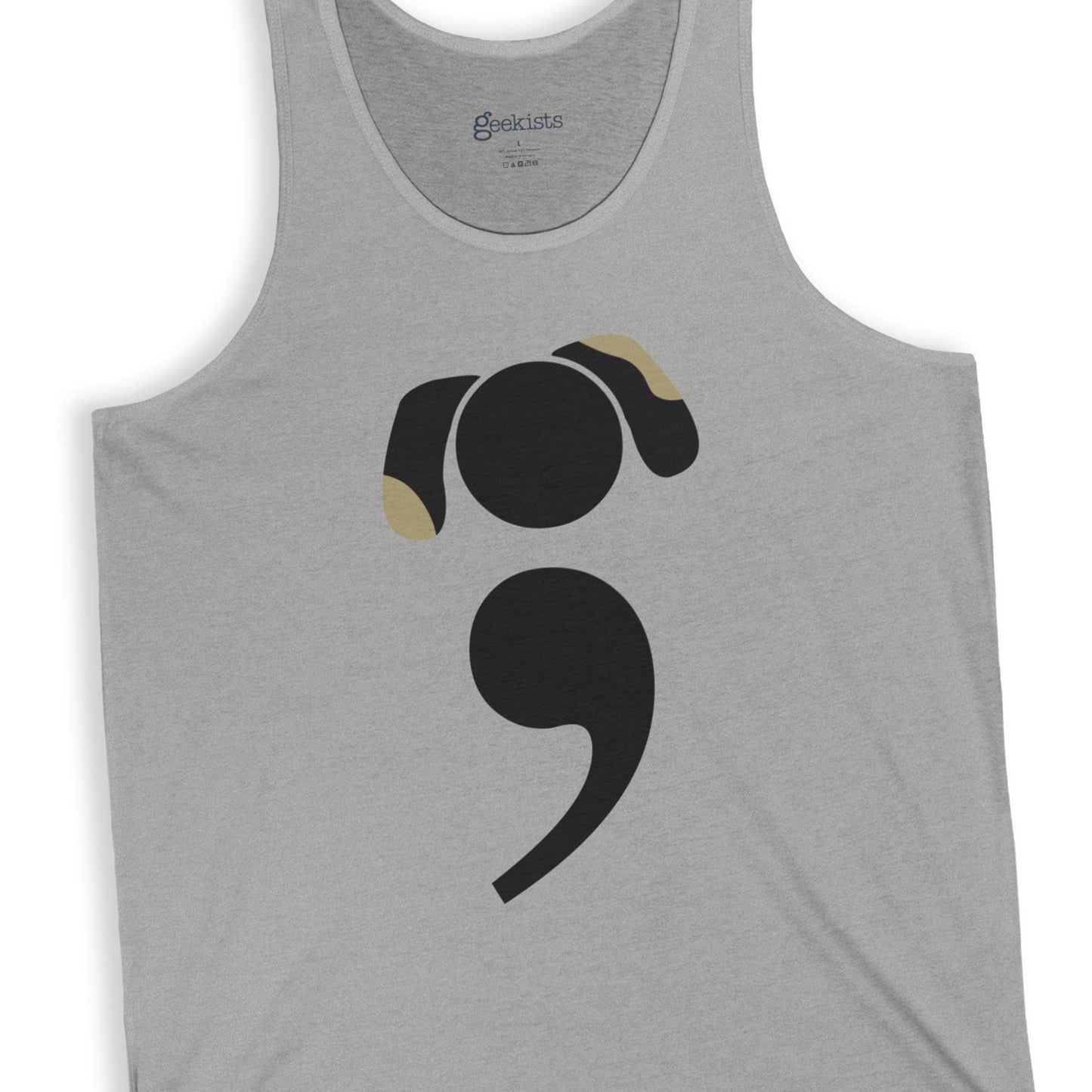Unisex tank top featuring Grammar Hound design – a minimalist dog made from a semicolon, perfect for grammar nerds and dog lovers | closeup