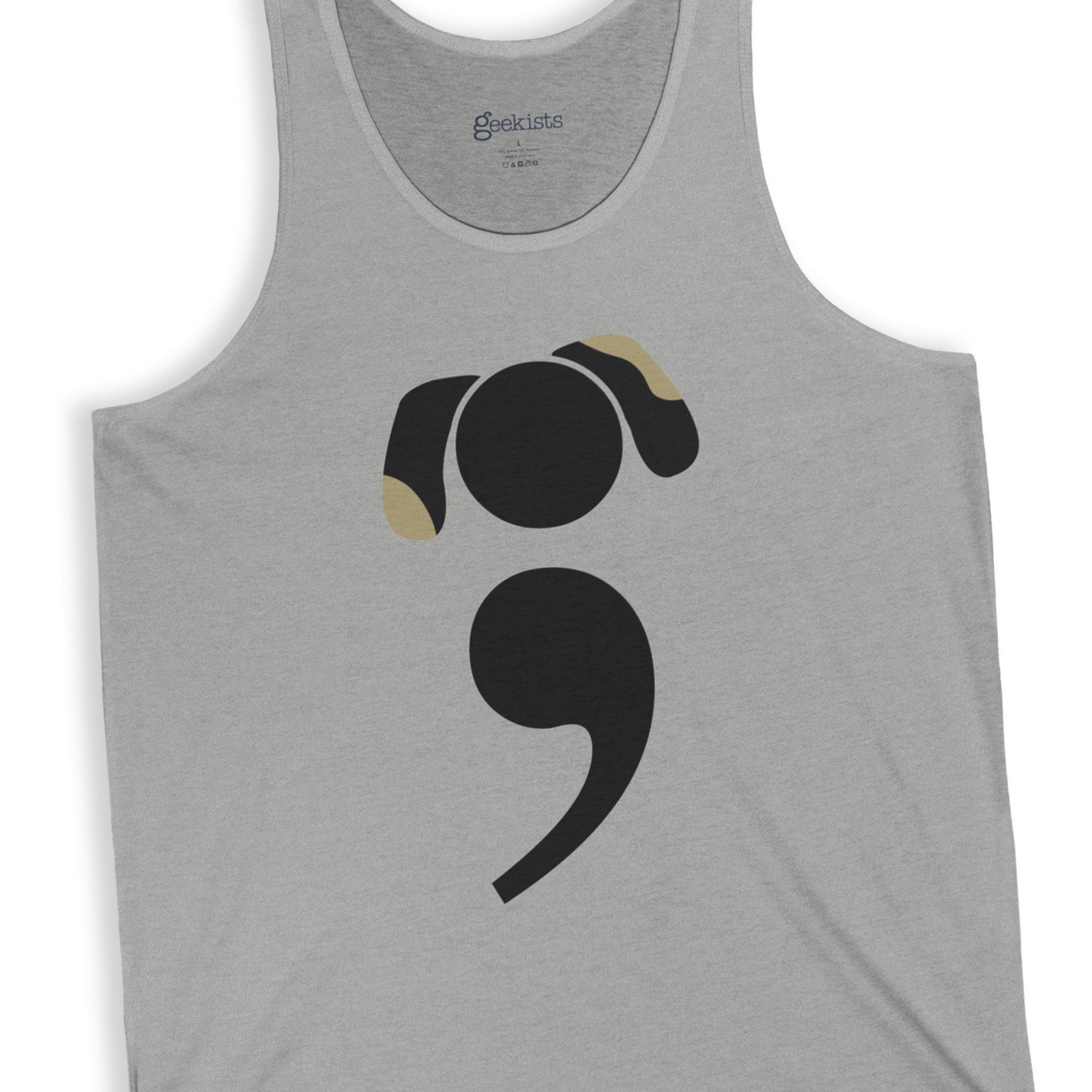 Unisex tank top featuring Grammar Hound design – a minimalist dog made from a semicolon, perfect for grammar nerds and dog lovers | closeup