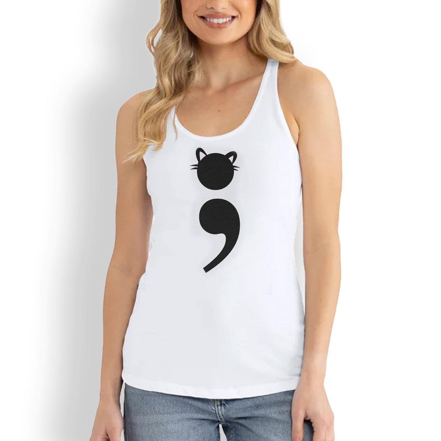 Women’s racerback tank top with Grammar Kitten design – a clever cat made from a semicolon, ideal for grammar nerds and cat moms | hero shot