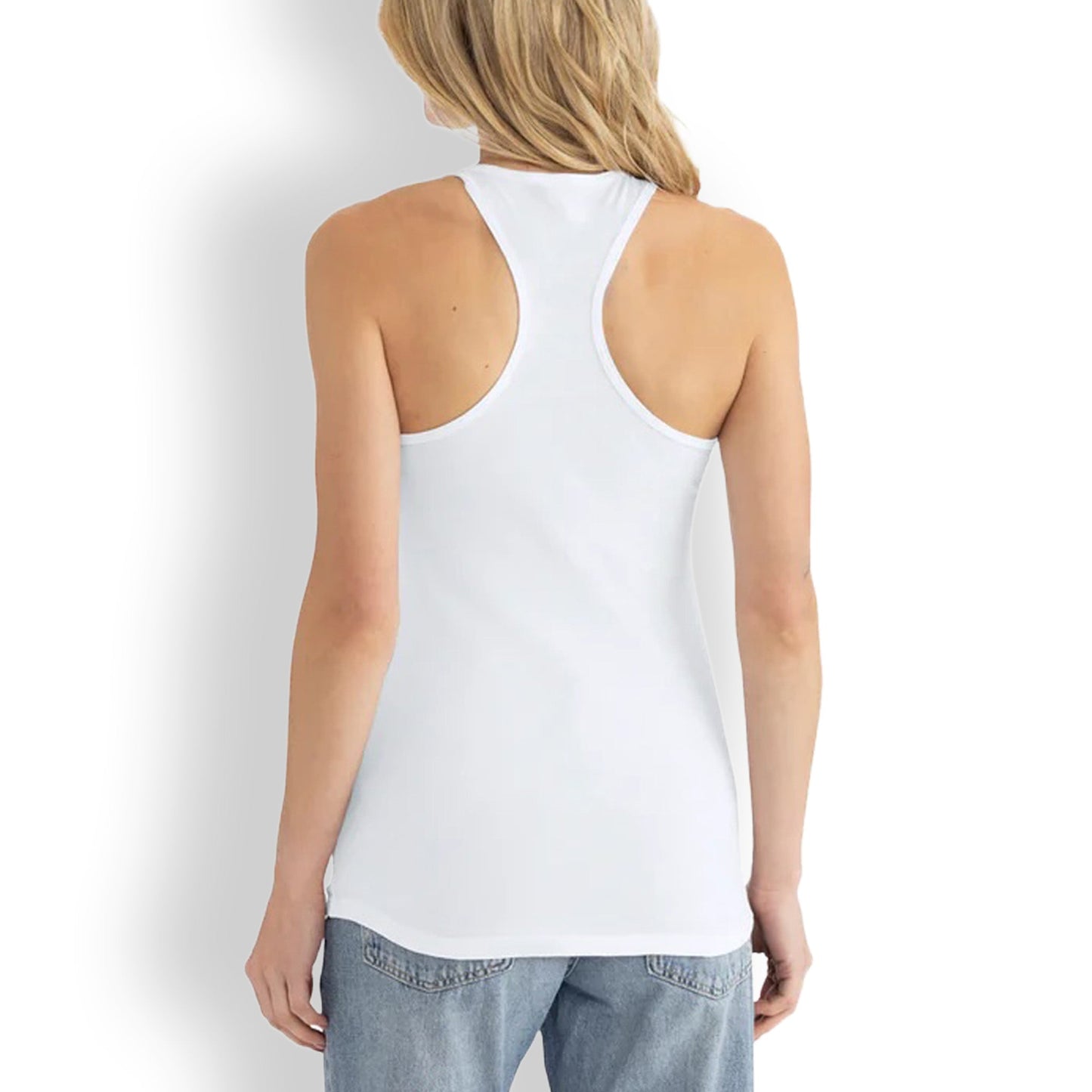 Women’s racerback tank top with Grammar Kitten design – a clever cat made from a semicolon, ideal for grammar nerds and cat moms | model back
