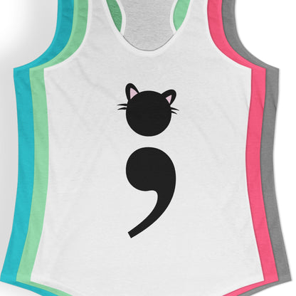 Women’s racerback tank top with Grammar Kitten design – a clever cat made from a semicolon, ideal for grammar nerds and cat moms | closeup