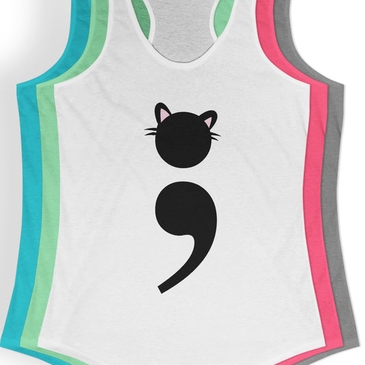 Women’s racerback tank top with Grammar Kitten design – a clever cat made from a semicolon, ideal for grammar nerds and cat moms | closeup