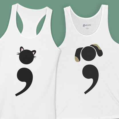 Women’s racerback tank top with Grammar Kitten design – a clever cat made from a semicolon, ideal for grammar nerds and cat moms | design variations