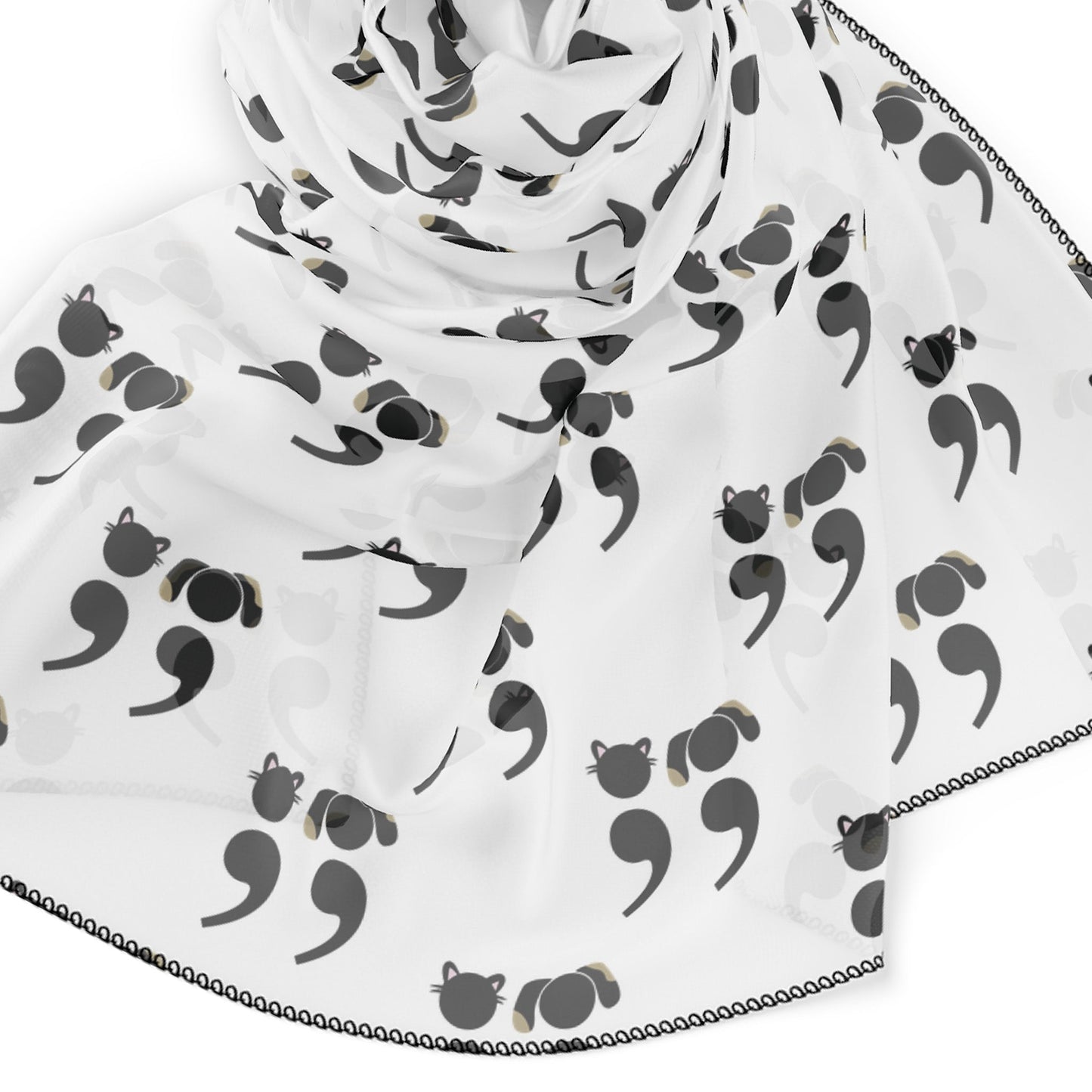 Black and white scarf featuring semicolon-style dog and cat faces in a minimalist repeating pattern – perfect for grammar nerds and pet lovers | closeup