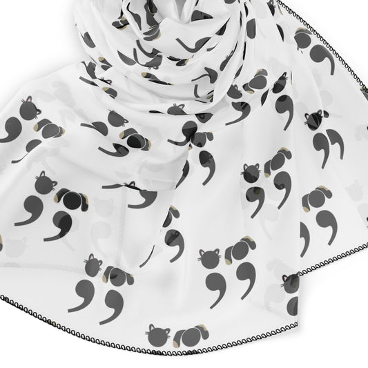 Black and white scarf featuring semicolon-style dog and cat faces in a minimalist repeating pattern – perfect for grammar nerds and pet lovers | closeup