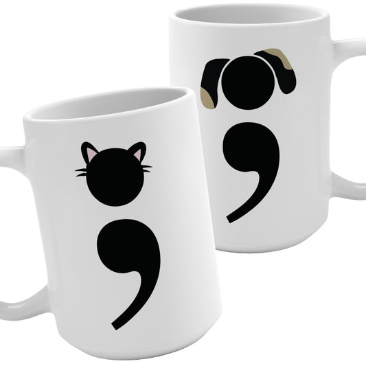 Funny cat lover mug with semicolon design and grammar humor | hero shot