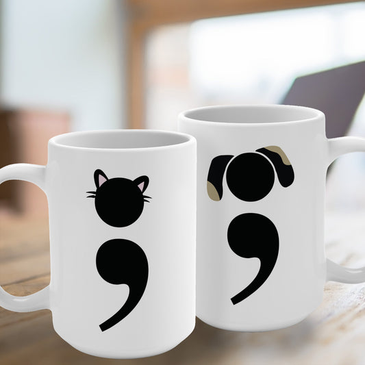 Funny cat lover mug with semicolon design and grammar humor | left side