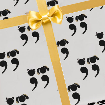 Funny dog and cat pattern gift wrap for grammar lovers, featuring a black and white semicolon pet design | hero shot