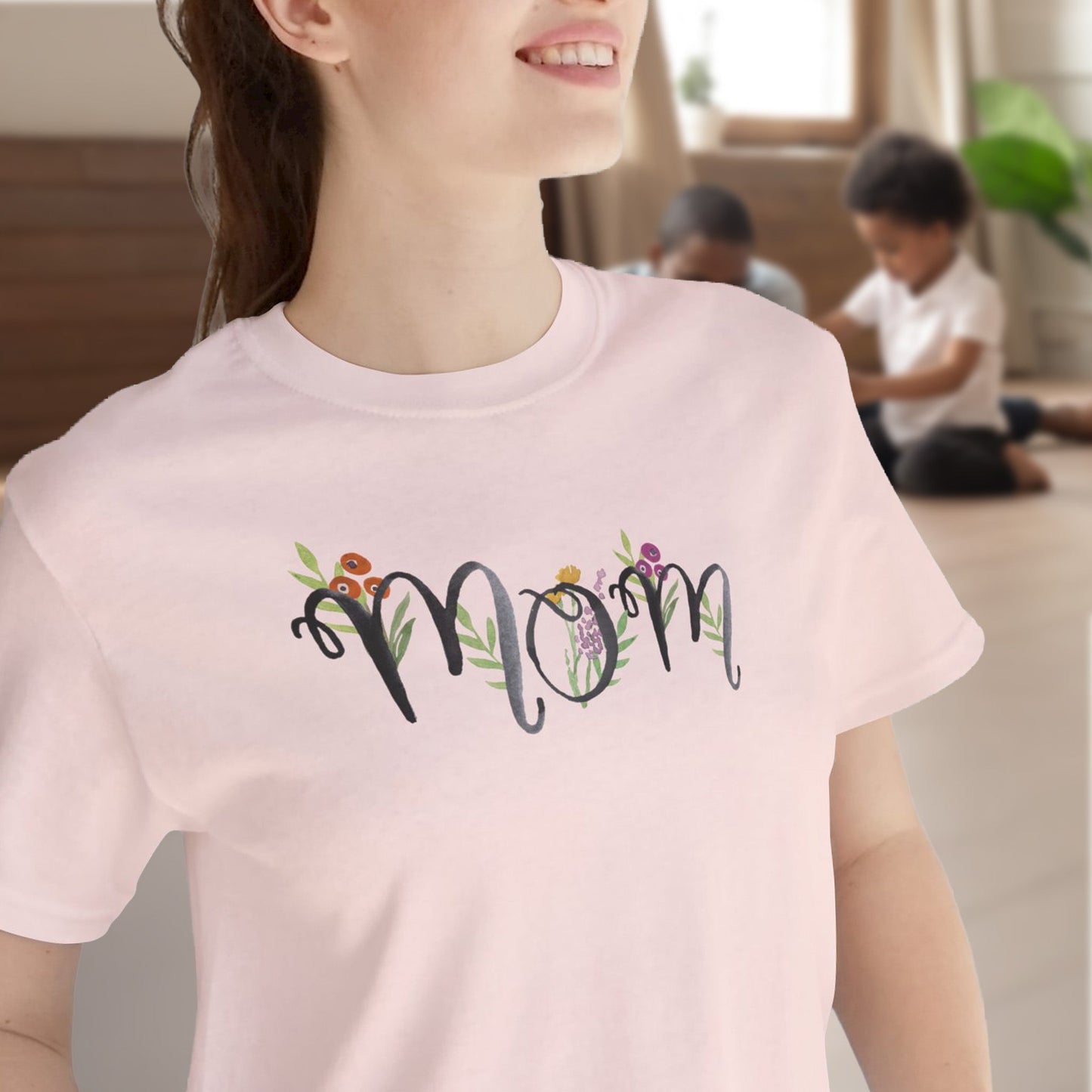 watercolor mom floral t shirt for garden moms | model closeup