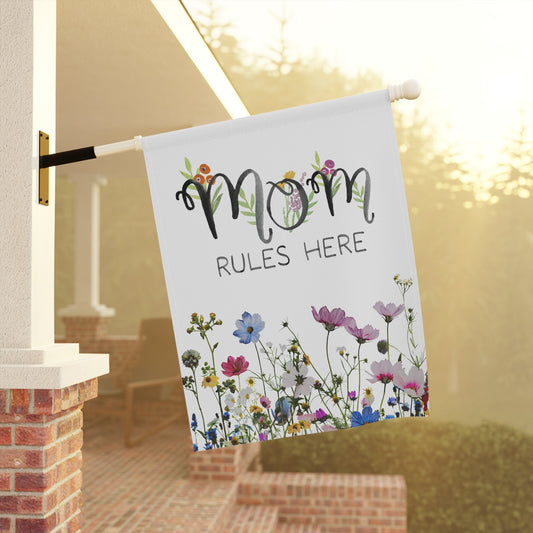 mom rules here floral garden house banner for garden moms | flag on house