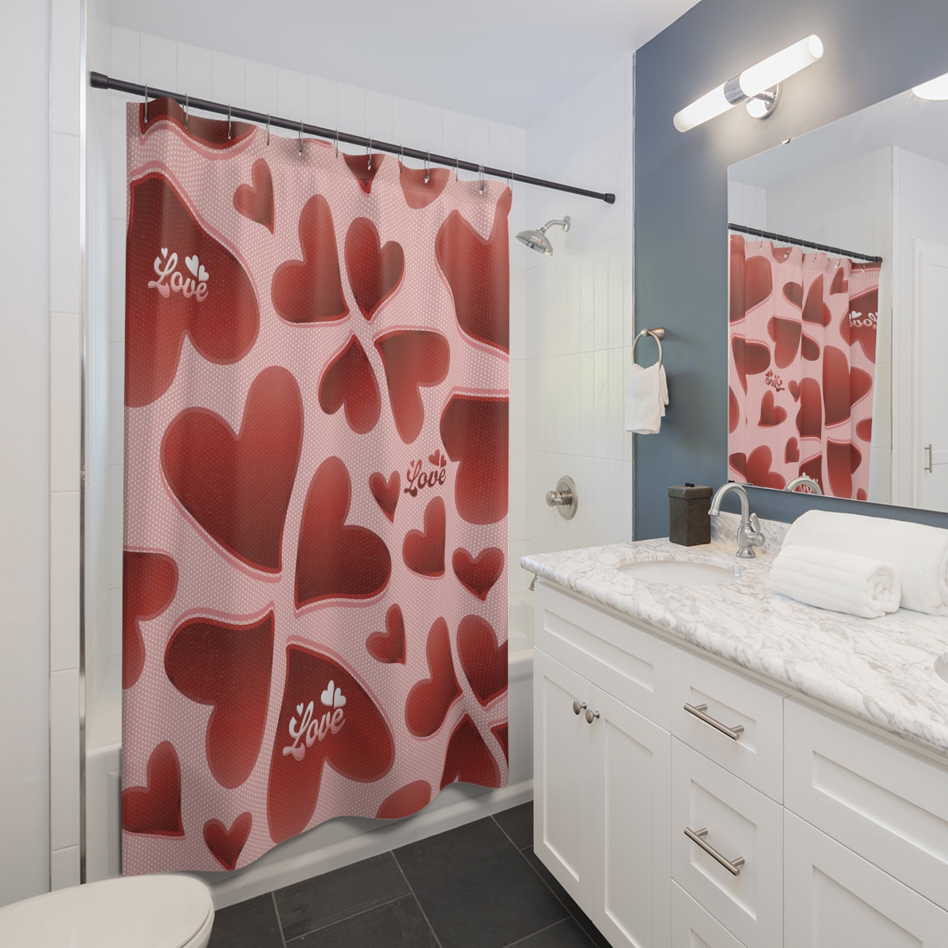 Home Decor Bursting with Love Shower Curtain | Romantic Valentine’s Day Decor | Heart Pattern Design