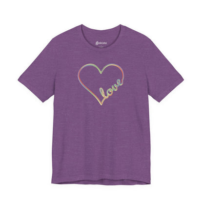 Unisex pastel heart t-shirt with rainbow love script in soft jersey fit, minimalist pride design | variant