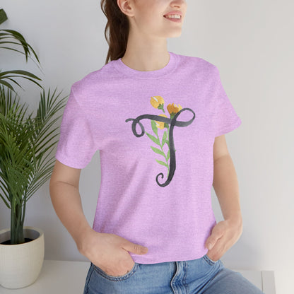Clothing Stuff > Shirts & Tops > Unisex Jersey Tee Watercolor Flower Letter T T-Shirt – Garden Nerd Tee for Plant Moms