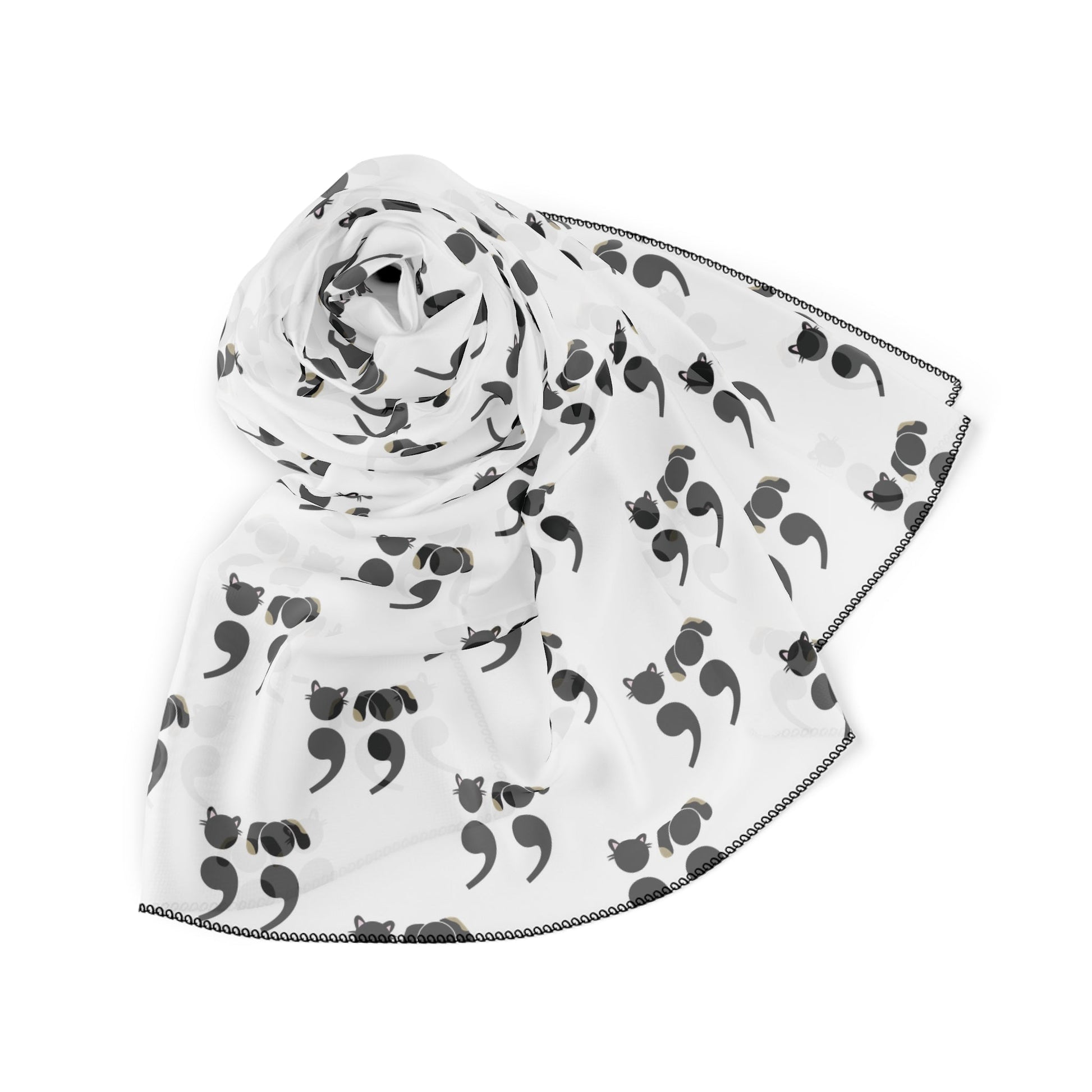Black and white scarf featuring semicolon-style dog and cat faces in a minimalist repeating pattern – perfect for grammar nerds and pet lovers | rolled