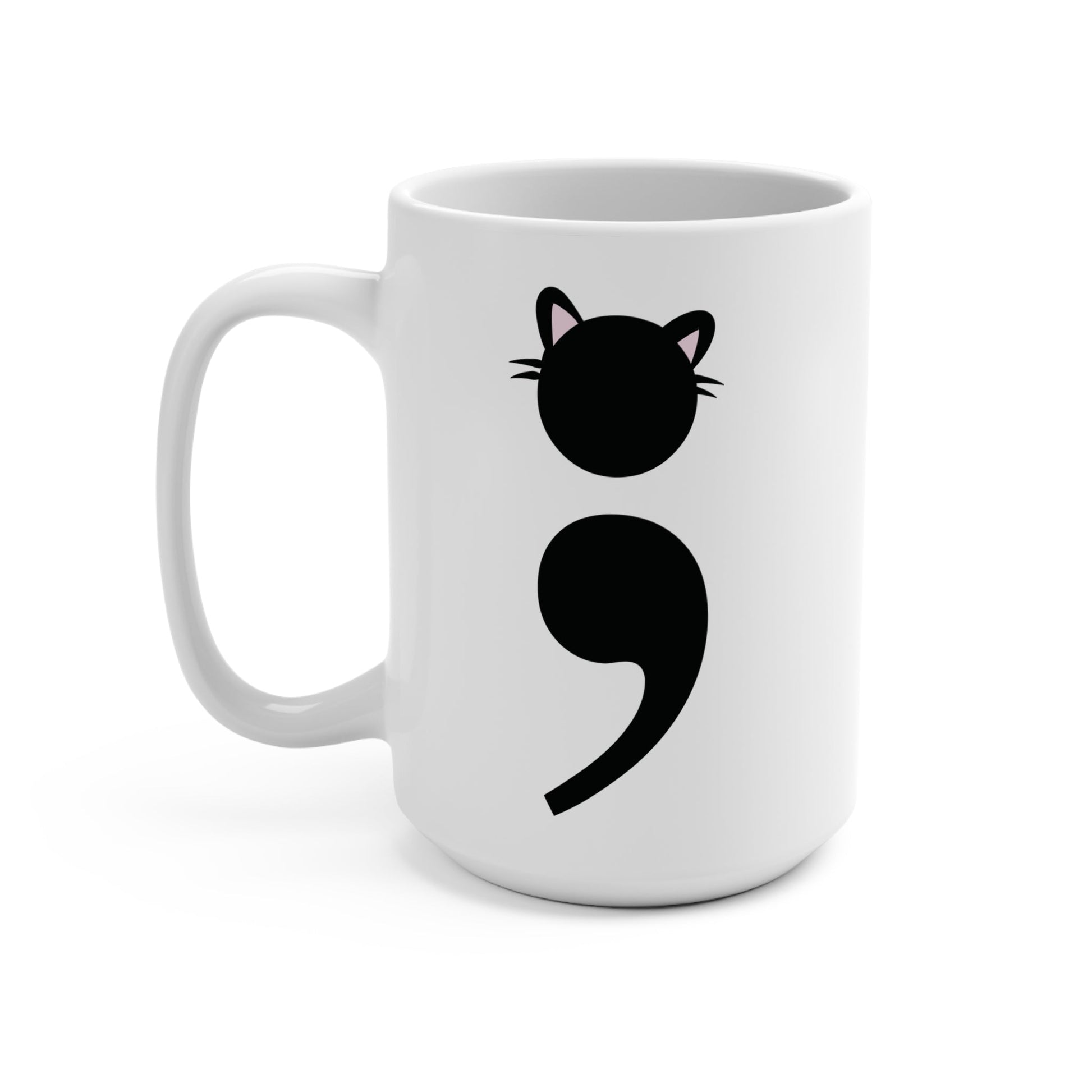 Funny cat lover mug with semicolon design and grammar humor | right side