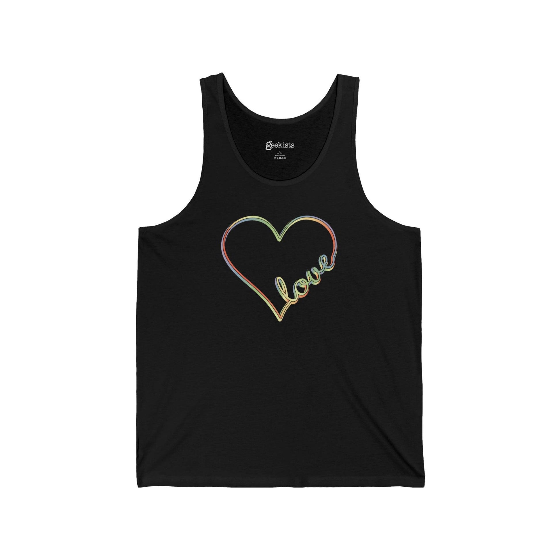 Unisex pastel heart tank top with rainbow love script, sleeveless aesthetic pride tee | variant