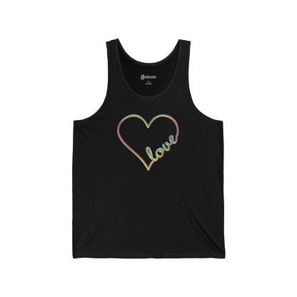 Unisex pastel heart tank top with rainbow love script, sleeveless aesthetic pride tee | variant