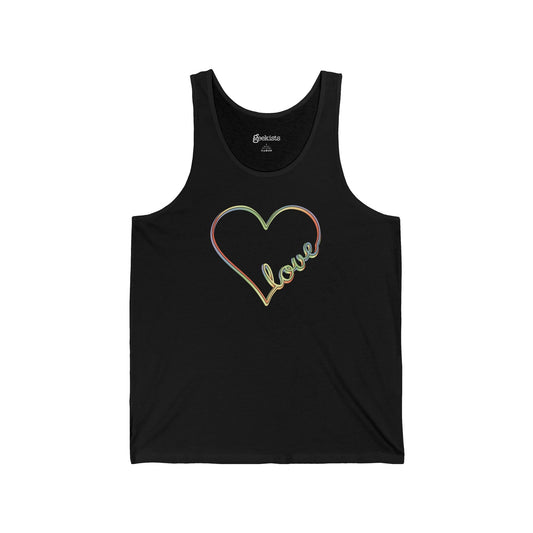 Unisex pastel heart tank top with rainbow love script, sleeveless aesthetic pride tee | variant