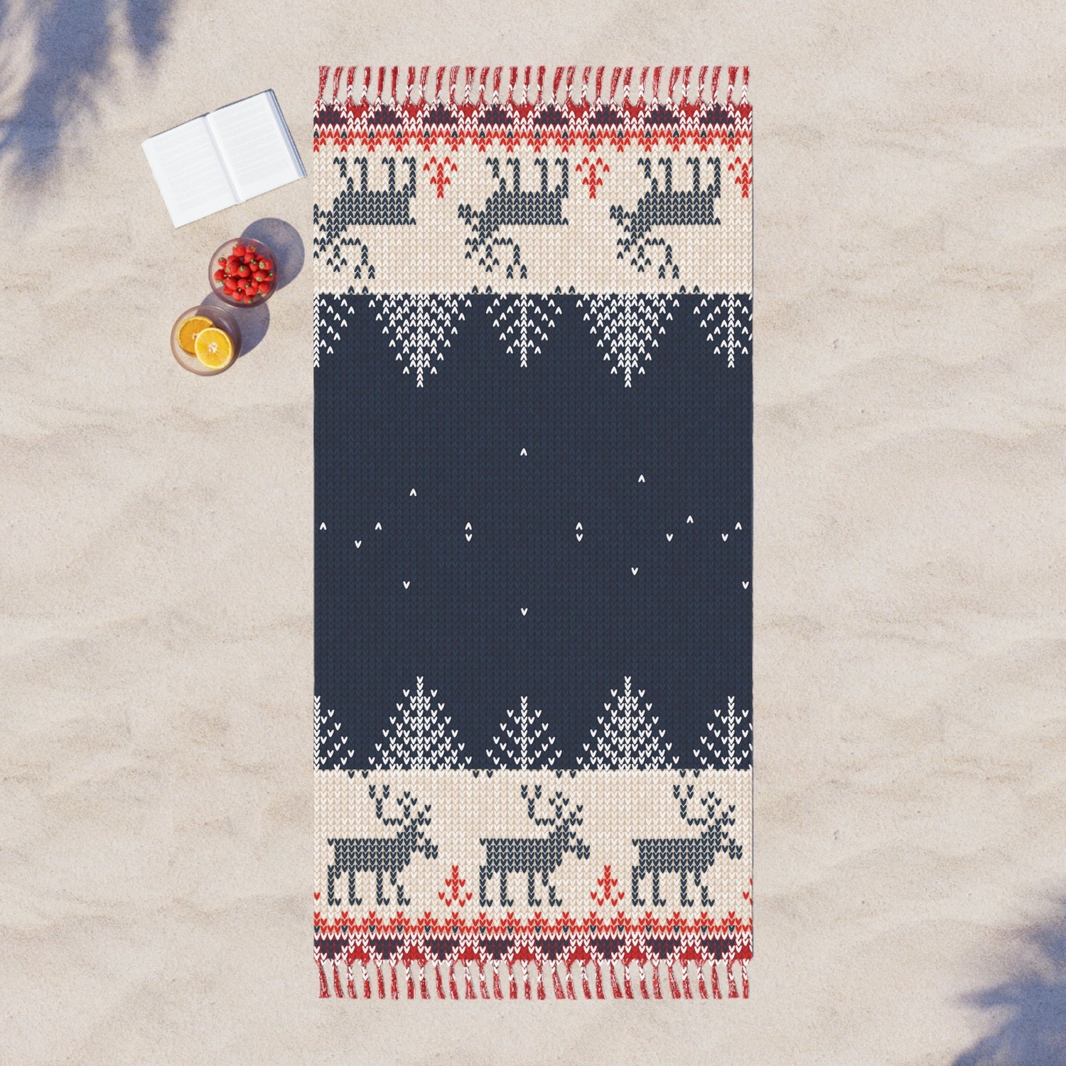 38-81-Polyester Home Decor Ugly Reindeer Sweater Boho Blanket – Christmas in July Beach Throw | Made in USA