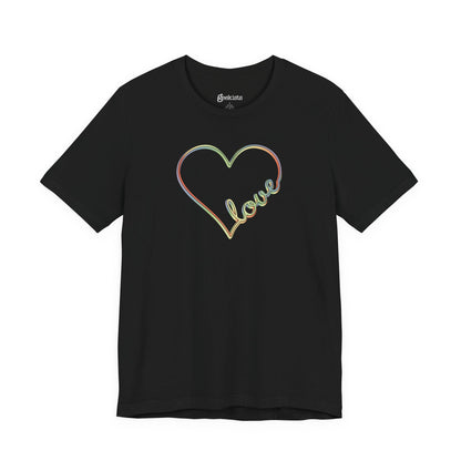 Unisex pastel heart t-shirt with rainbow love script in soft jersey fit, minimalist pride design | variant