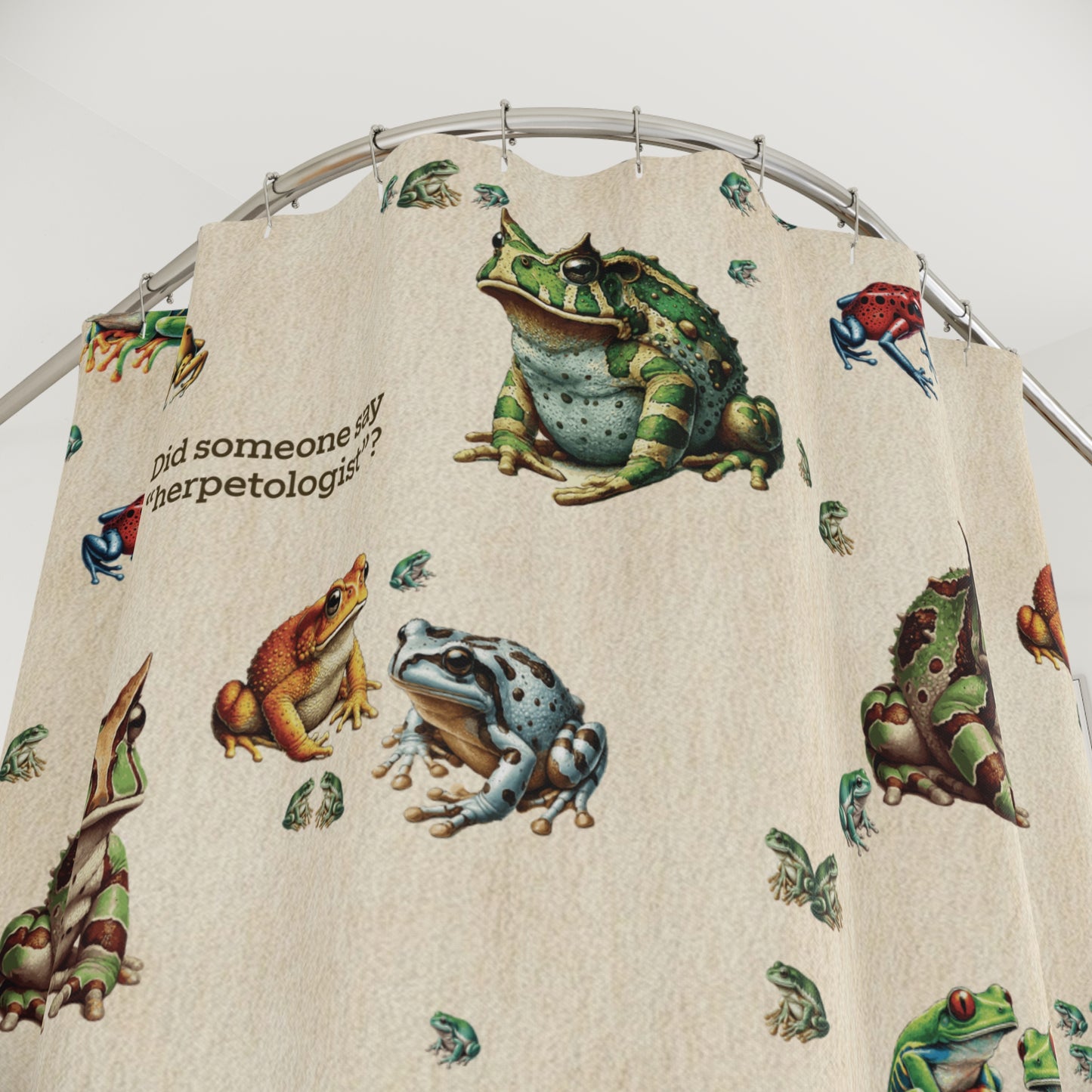 Frog Shower Curtain | “Did Someone Say Herpetologist?” | Nerdy Bathroom Decor