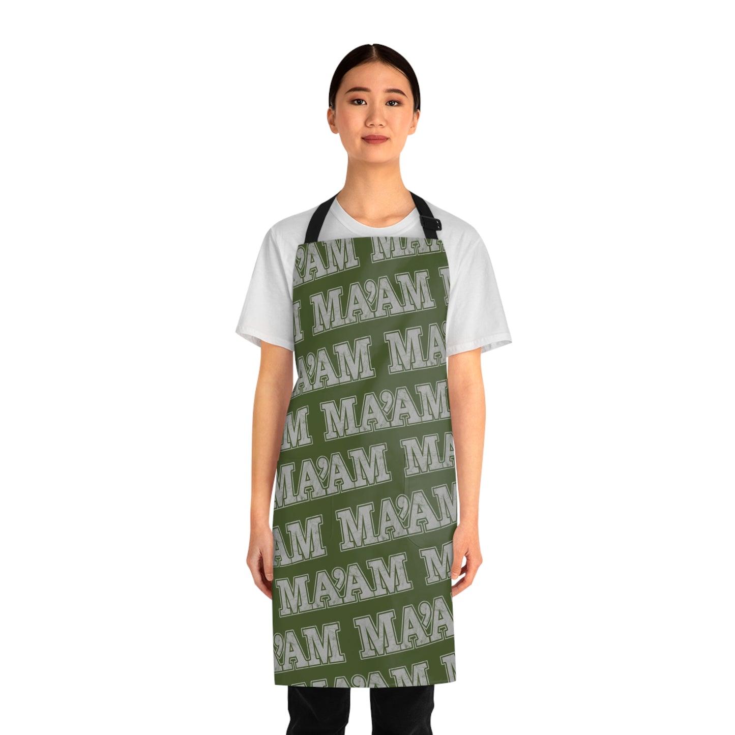 All Over Prints Ma'am Alpha Female Military Nerd Apron | Army Green Distressed Pattern | Commanding Kitchen Gear for Alpha Personalities