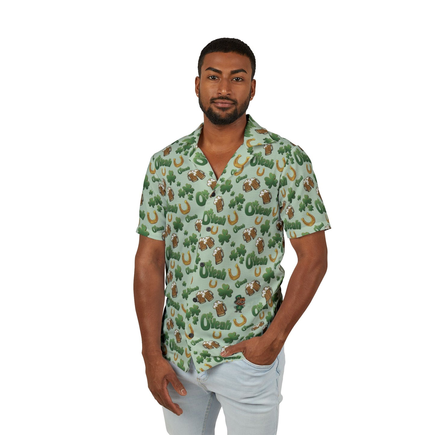 Find the Nerdy Leprechaun Hawaiian Shirt | Interactive St. Patrick’s Day Button-Up | Shamrocks & Frothy Beer Print