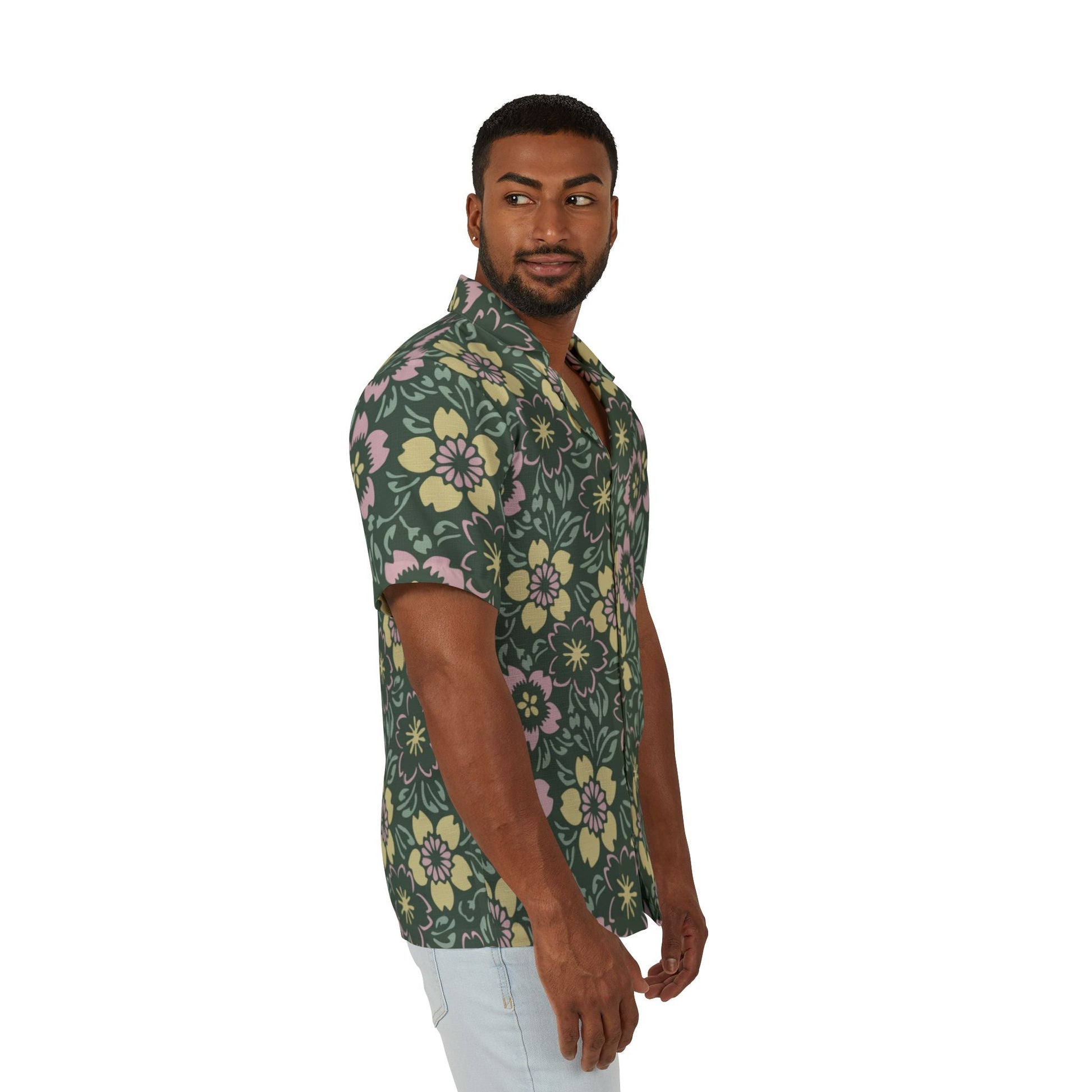 Clothing Stuff > Shirts & Tops > Hawaiian Camp Shirt Floral Camp Shirt | Retro Hawaiian Button-Down with Light Pink & Green Print