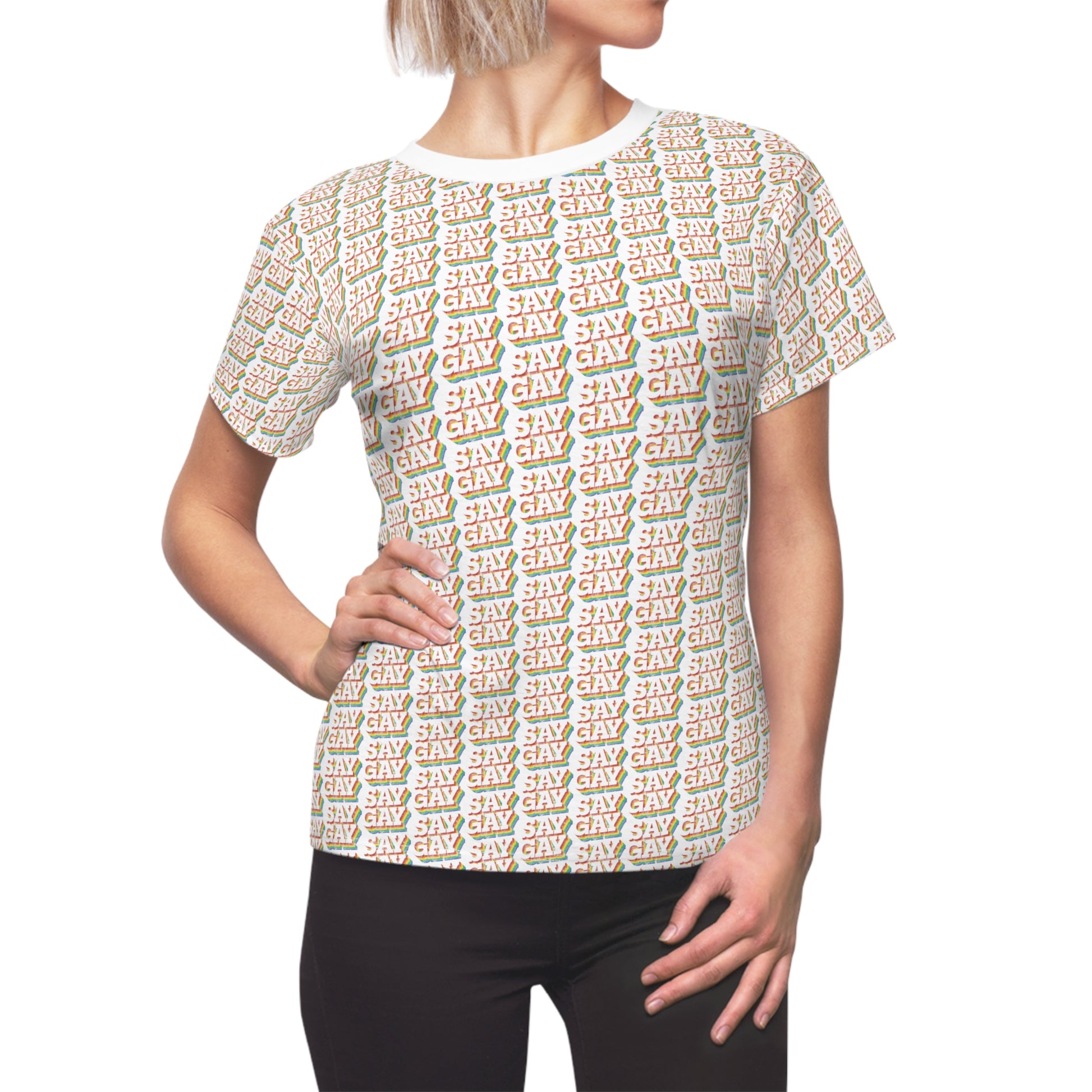 T-Shirt All-Over Pattern Crew neck Made in USA Regular fit Short Sleeve T-shirts Women's Clothing White stitching 6 oz.