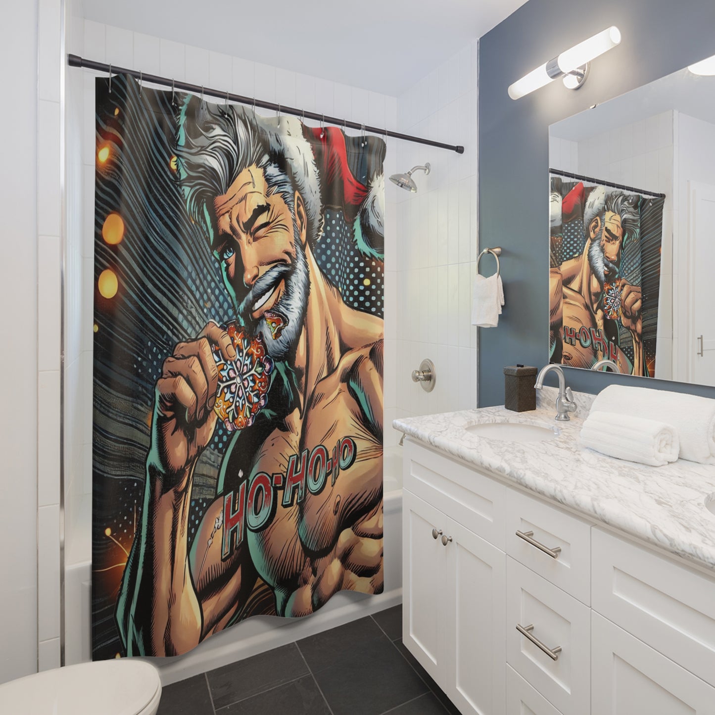 Ho-Ho-Ho! Naughty Santa Claus Shower Curtain | Sexy Holiday Comic Book Bathroom Decor