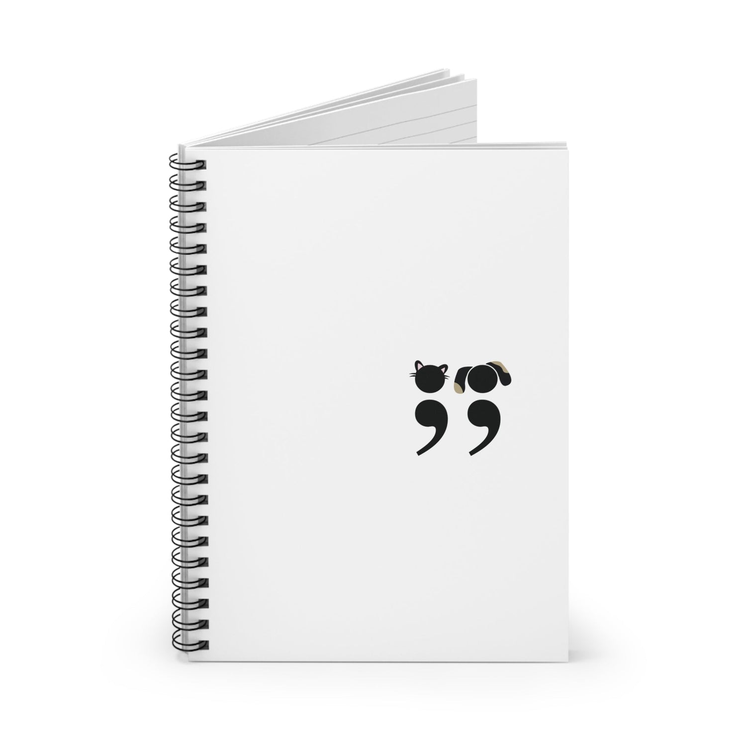 Spiral notebook with Grammar Pets design – a clever semicolon dog and cat illustration for writers, students, and editors | hero shot