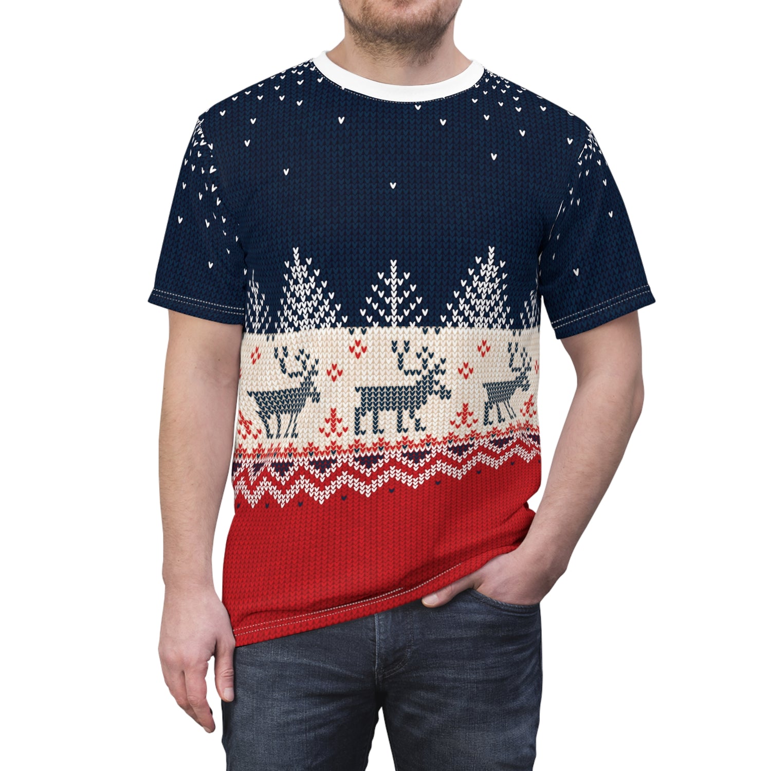 White-stitching-6-oz.-3XL All Over Prints Ugly Reindeer Sweater All-Over Print Unisex Tee | Fun Knit-Effect Witty Holiday Shirt