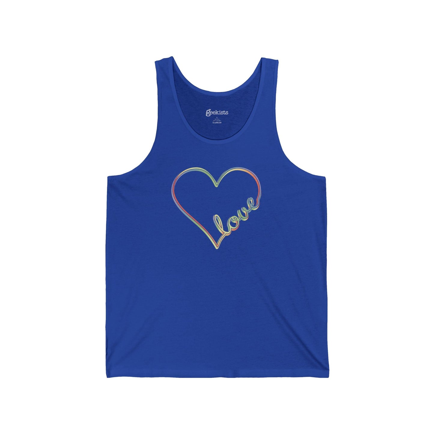 Unisex pastel heart tank top with rainbow love script, sleeveless aesthetic pride tee | variant