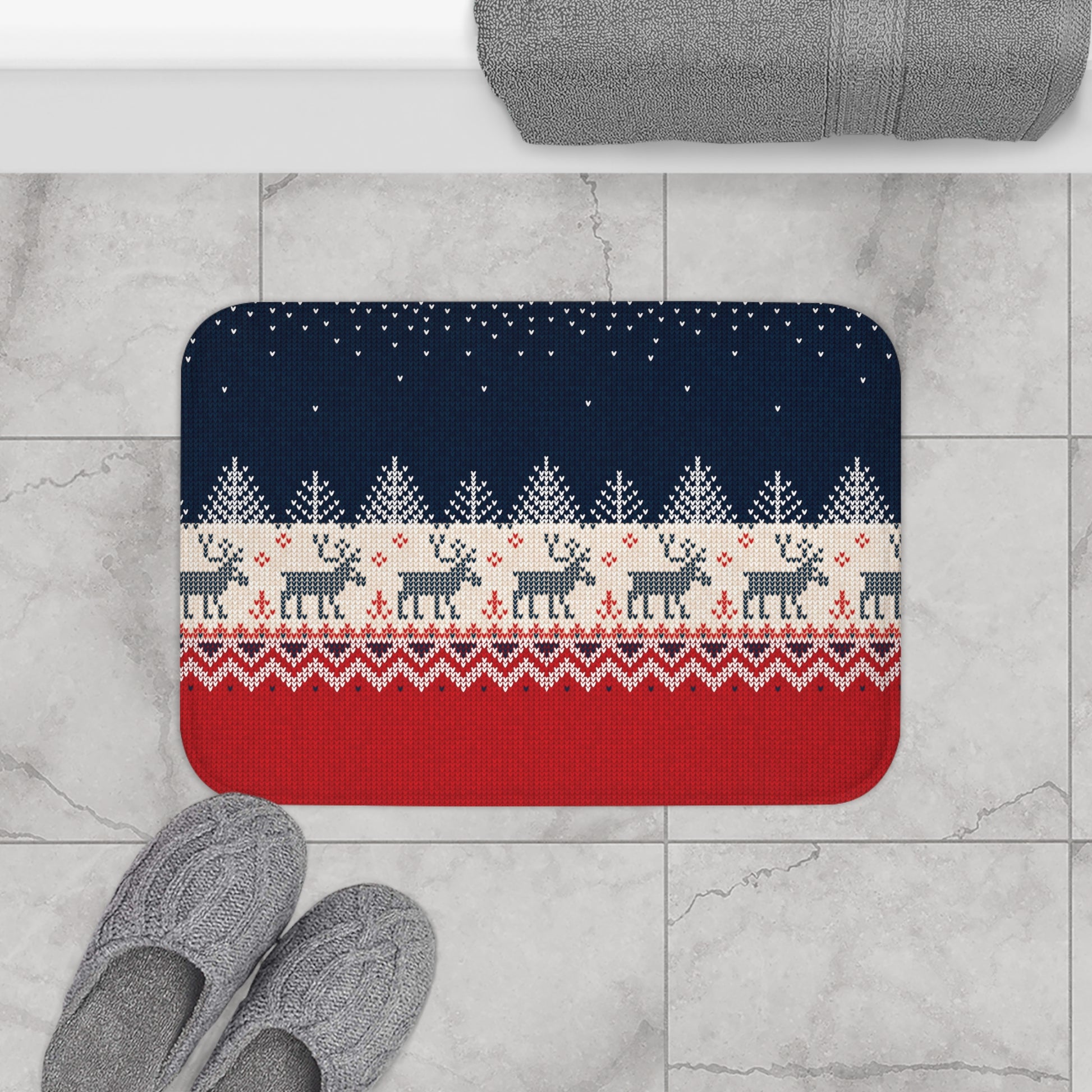 Home Decor Ugly Reindeer Sweater Bath Mat | Knit-Effect Holiday Decor | Secular Christmas Bathroom Decor