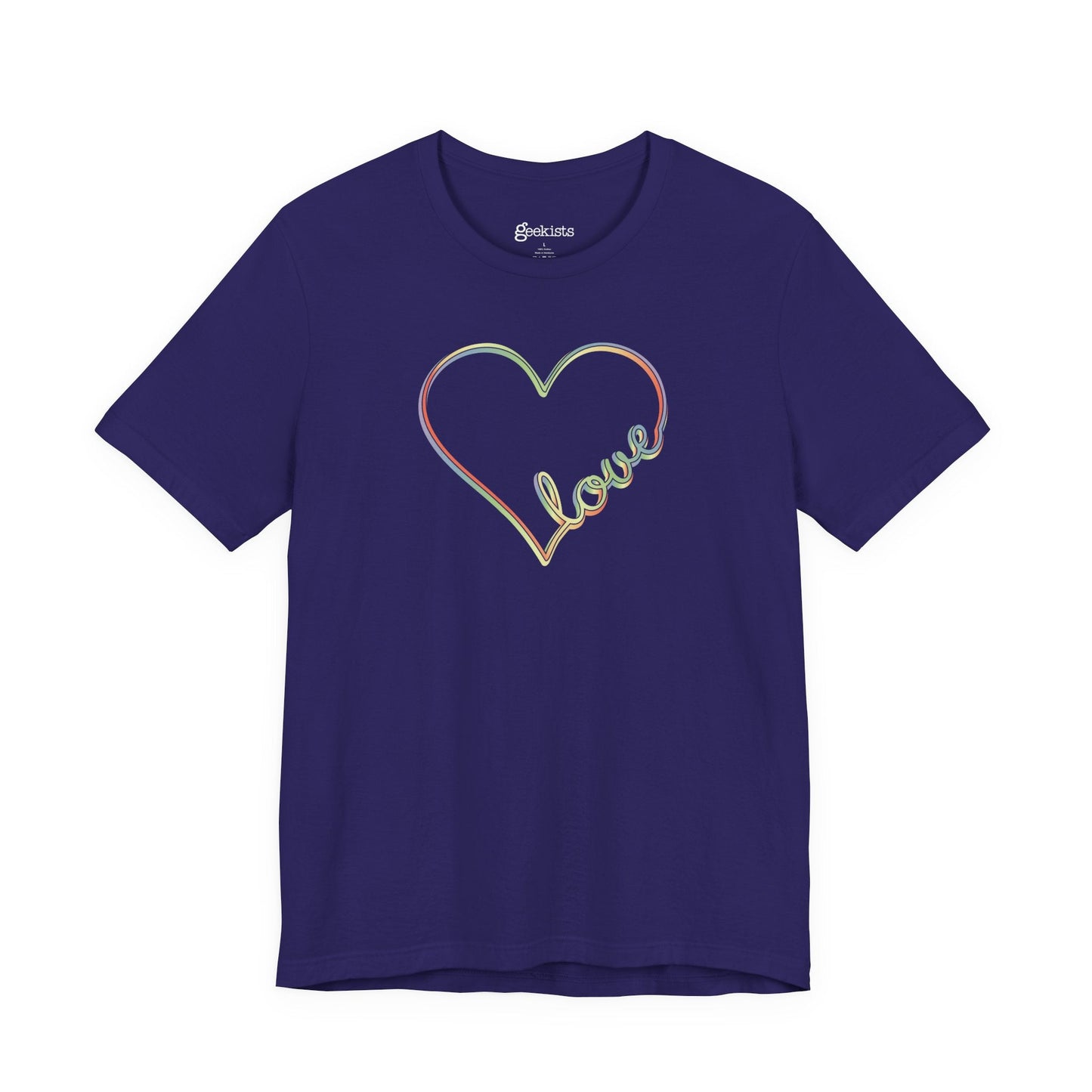 Unisex pastel heart t-shirt with rainbow love script in soft jersey fit, minimalist pride design | variant