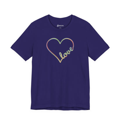 Unisex pastel heart t-shirt with rainbow love script in soft jersey fit, minimalist pride design | variant