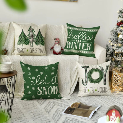 Home Decor Green Christmas Pillow Covers | Happy Holidays Country Nerds | Let It Snow, It's Wintertime, Joy to the World, Oh Tannenbaum