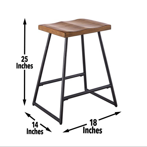 Furniture Set of 2 Backless Wood Counter Stools – 25” Seat Height, Black Metal Legs, Rustic Brown Finish