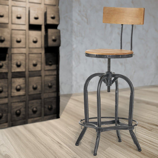 Furniture Rustic Apothecary Bar Stool with Back – Solid Wood & Iron