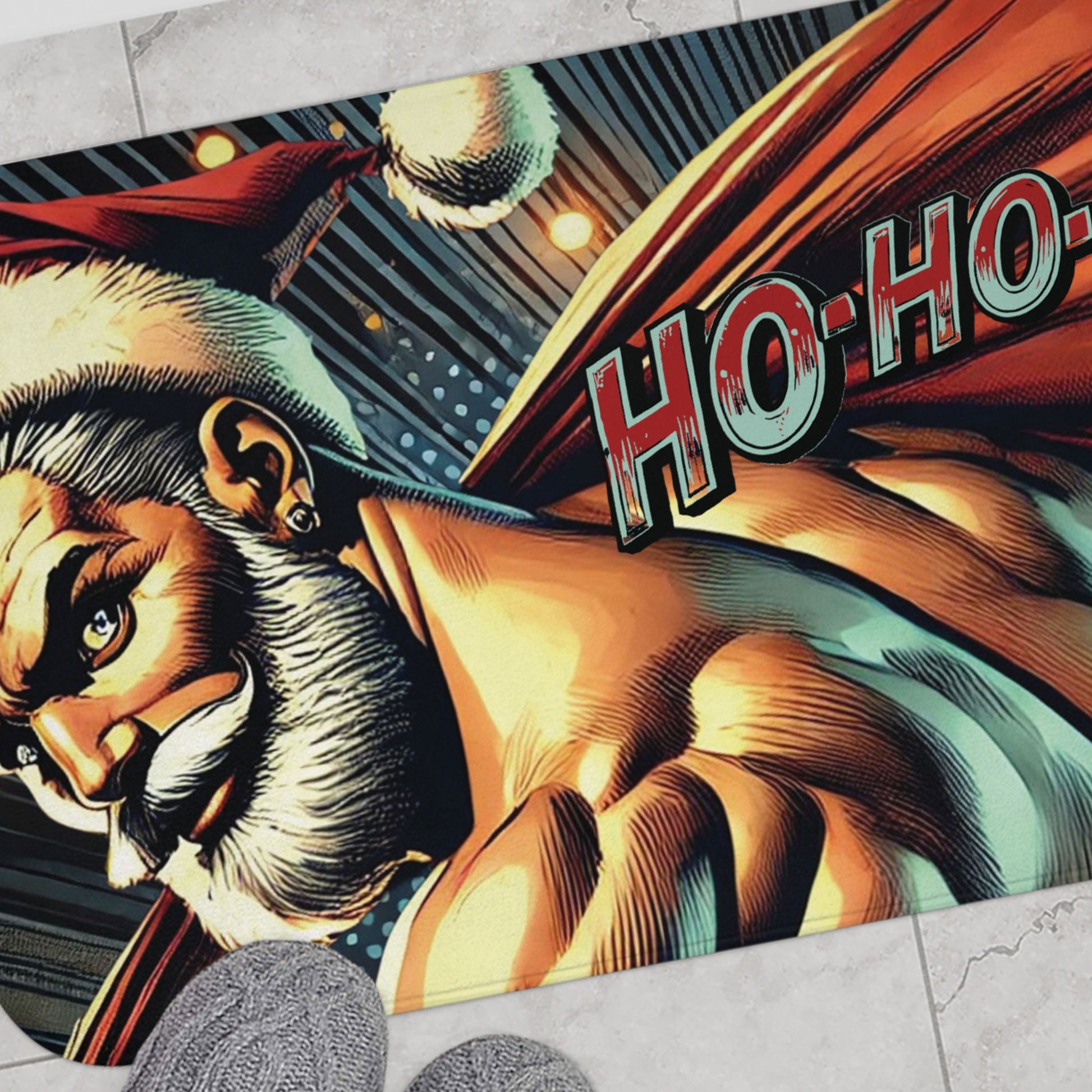 Bed & Bath Ho Ho Ho Naughty Santa Memory Foam Bath Mat | Big Hanging Sack Holiday Bathroom Decor for Comic Nerds