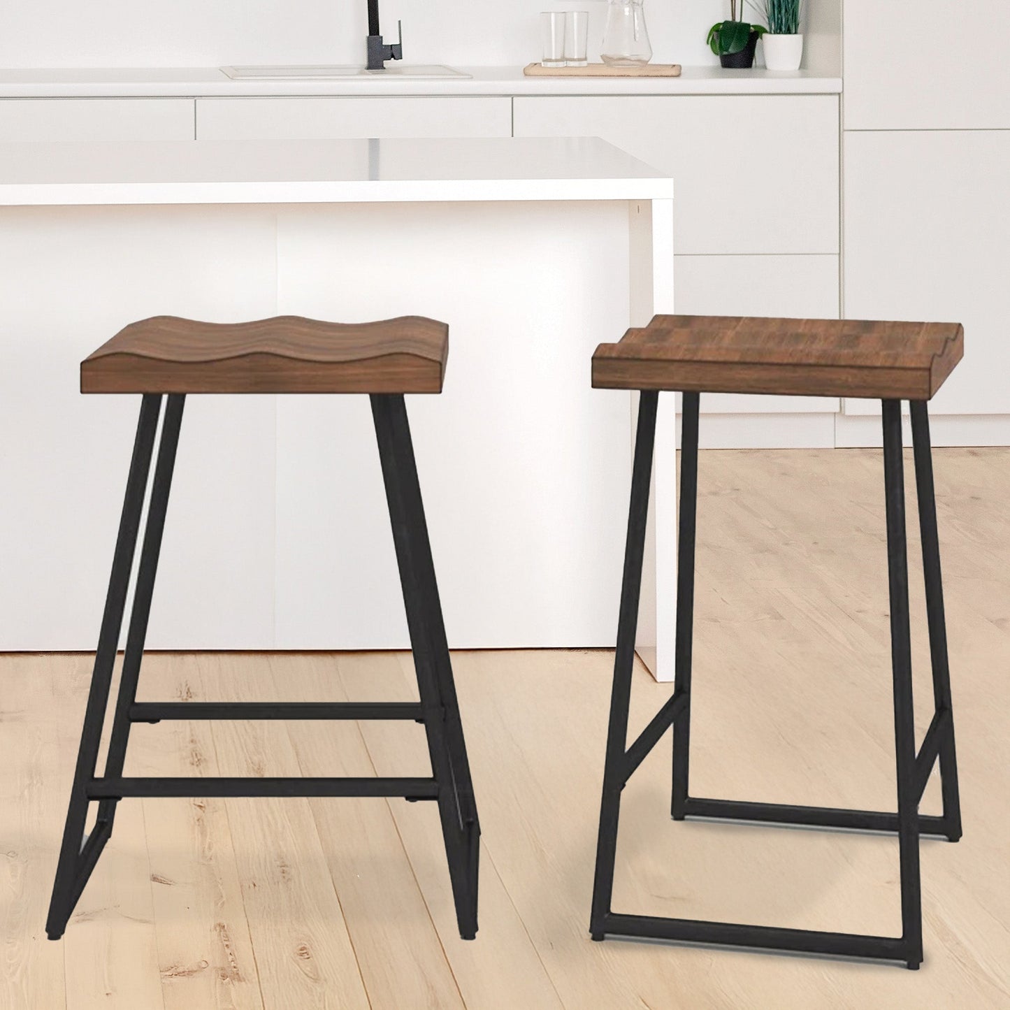 Home Stuff > Furniture > Backless Wood Counter Stools Set of 2 Backless Wood Counter Stools – 25” Seat Height, Black Metal Legs, Rustic Brown Finish