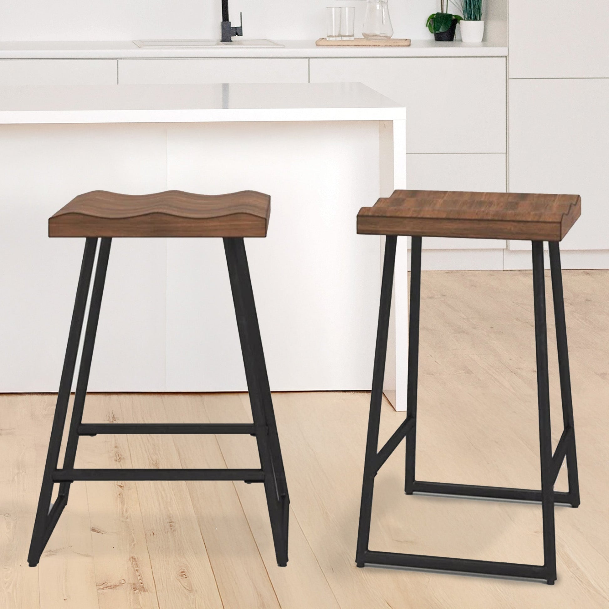 Home Stuff > Furniture > Backless Wood Counter Stools Set of 2 Backless Wood Counter Stools – 25” Seat Height, Black Metal Legs, Rustic Brown Finish